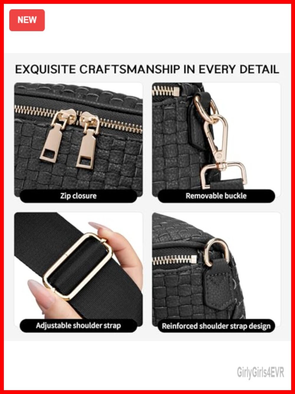 Woven Vegan Leather Checkered Crossbody Bag with Zipper - Picture 5 of 6
